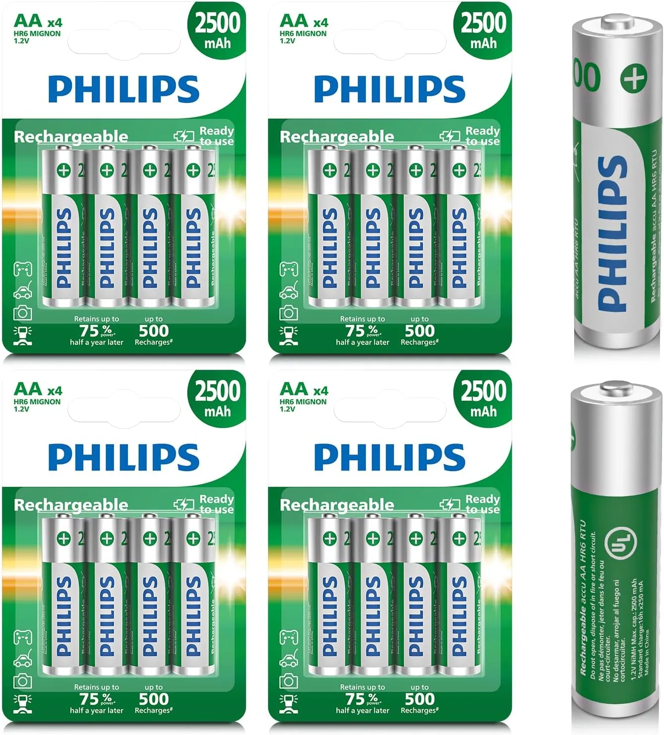 PHILIPS Rechargeable AA Batteries 16 Pack 2500mAh NiMH Double A Battery 1.2V Long Lasting 2A Batteries Recharge up to 500x （Full Discharge Test Every time）