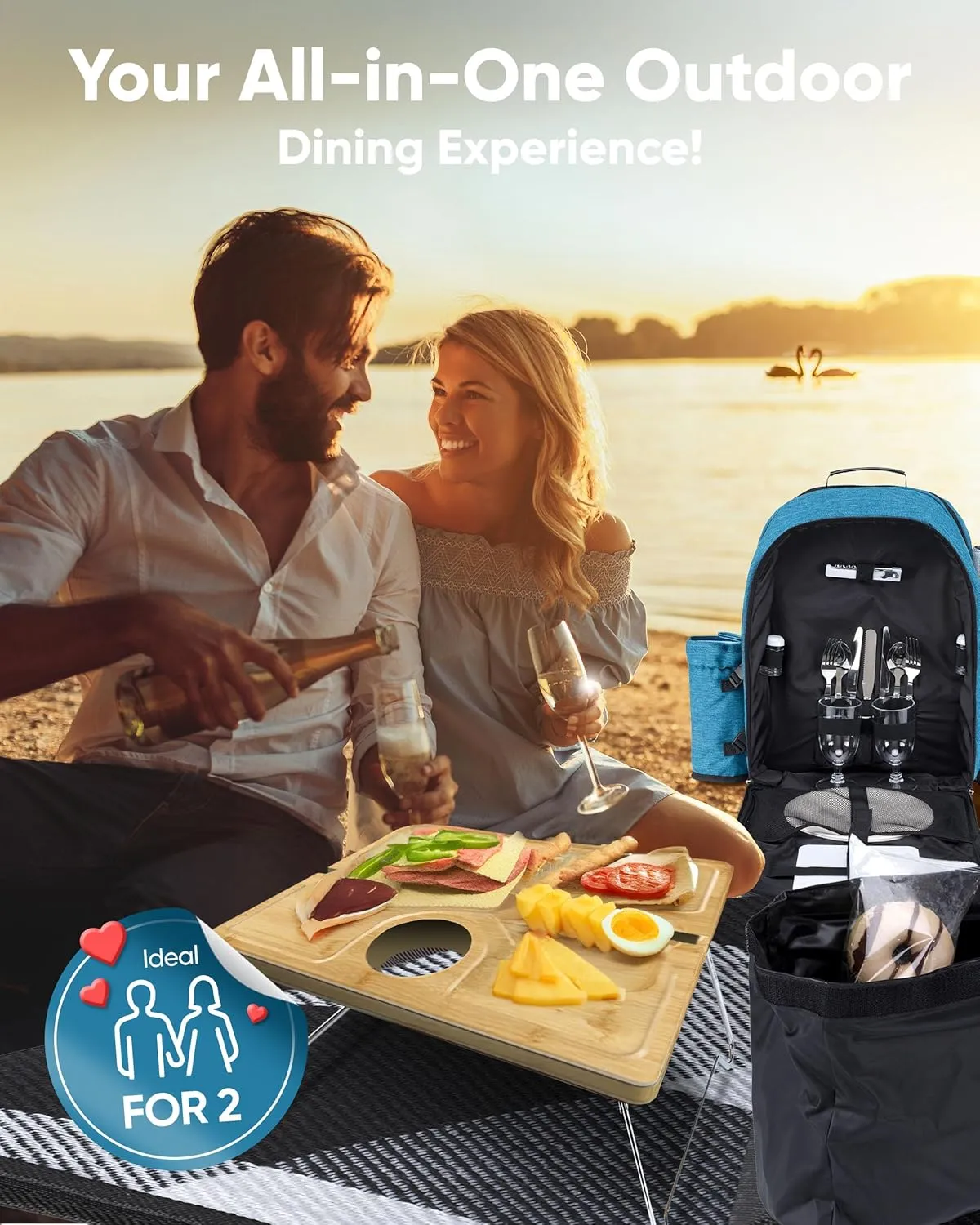 Picnic Backpack for 2 - All-in-One for Couples [with Picnic Blanket & Portable Wine Table] - Waterproof 32L - Insulated Picnic Set - Cooler Pouch & Wine Holder - Dating, Outdoor & Camping