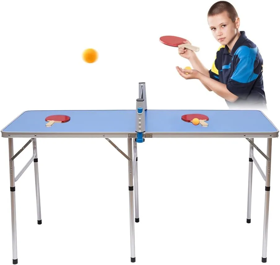 Ping Pong Table, Portable Ping Pong Table Game Set, Folding Indoor Outdoor Table Tennis for Rec Room w/ 2 Table Tennis Paddles and 3 Balls, Adjustable Feet