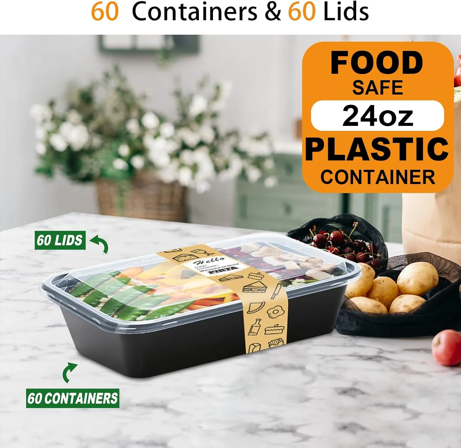 PIRTA 60 Pack 24 oz Meal Prep Containers Reusable with Lids, Food Safe, Leakproof, Microwave, Freezer, Dishwasher, To-Go Take Out, Plastic Food Storage Bento Lunch Box