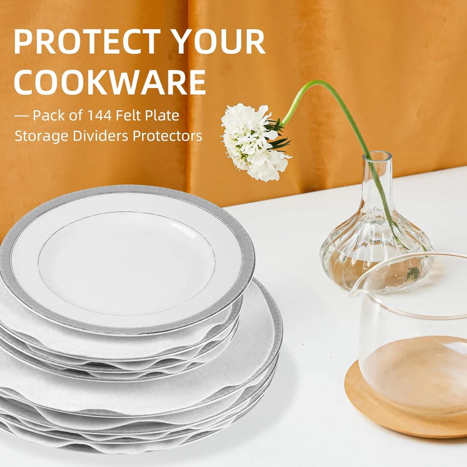 Plate China Storage Dividers, 144 Pieces with 3 Different Sizes Premium Felt Plate Dividers Round China Dish Protectors for Porcelain Cookware Protecting and Stacking, White