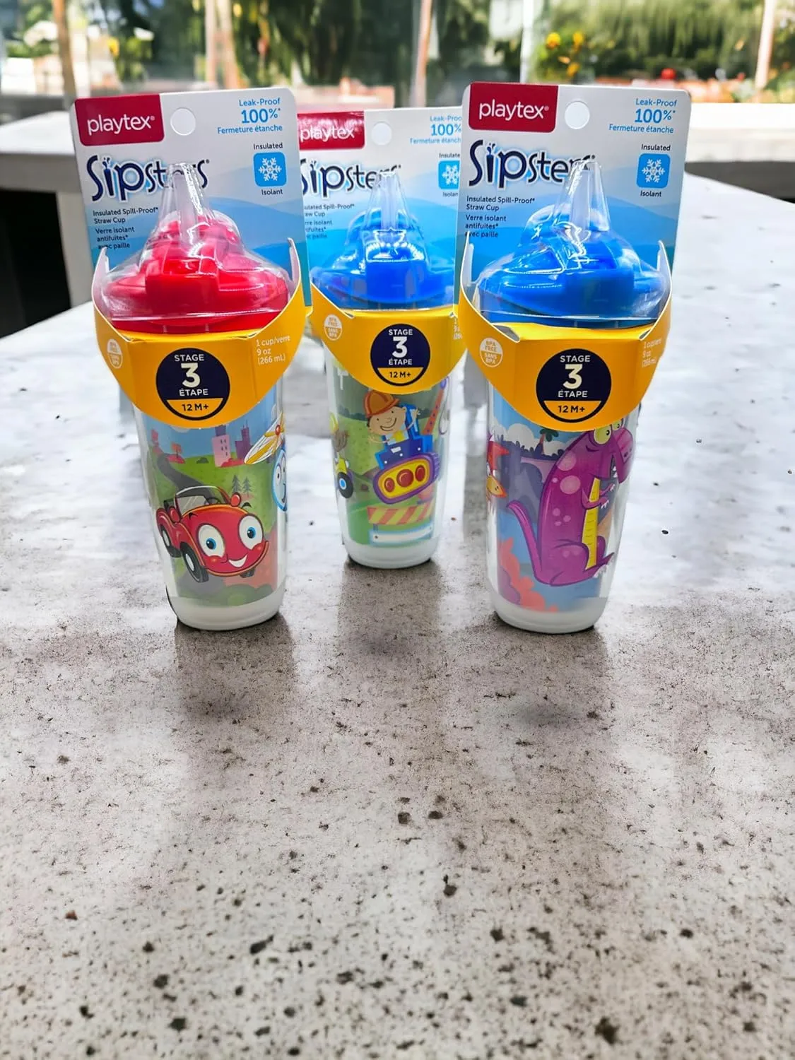 Playtex Baby Sipsters Stage 3 Straw Cups, Spill-Proof, Leak-Proof, Insulated - Car, Construction, and Donosaur, 9 Oz, 3 Count