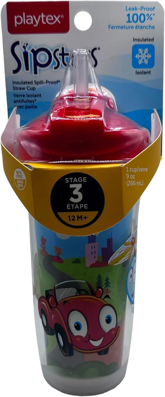 Playtex Baby Sipsters Stage 3 Straw Cups, Spill-Proof, Leak-Proof, Insulated - Car, Construction, and Donosaur, 9 Oz, 3 Count