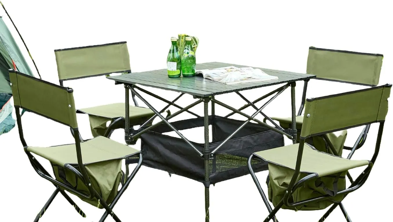 Portable Camping Table and Chairs Set, 5-Piece, Aluminum Table with Storage Shelf, 4 Folding Chairs, Black/Green