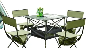 Portable Camping Table and Chairs Set, 5-Piece, Aluminum Table with Storage Shelf, 4 Folding Chairs, Black/Green