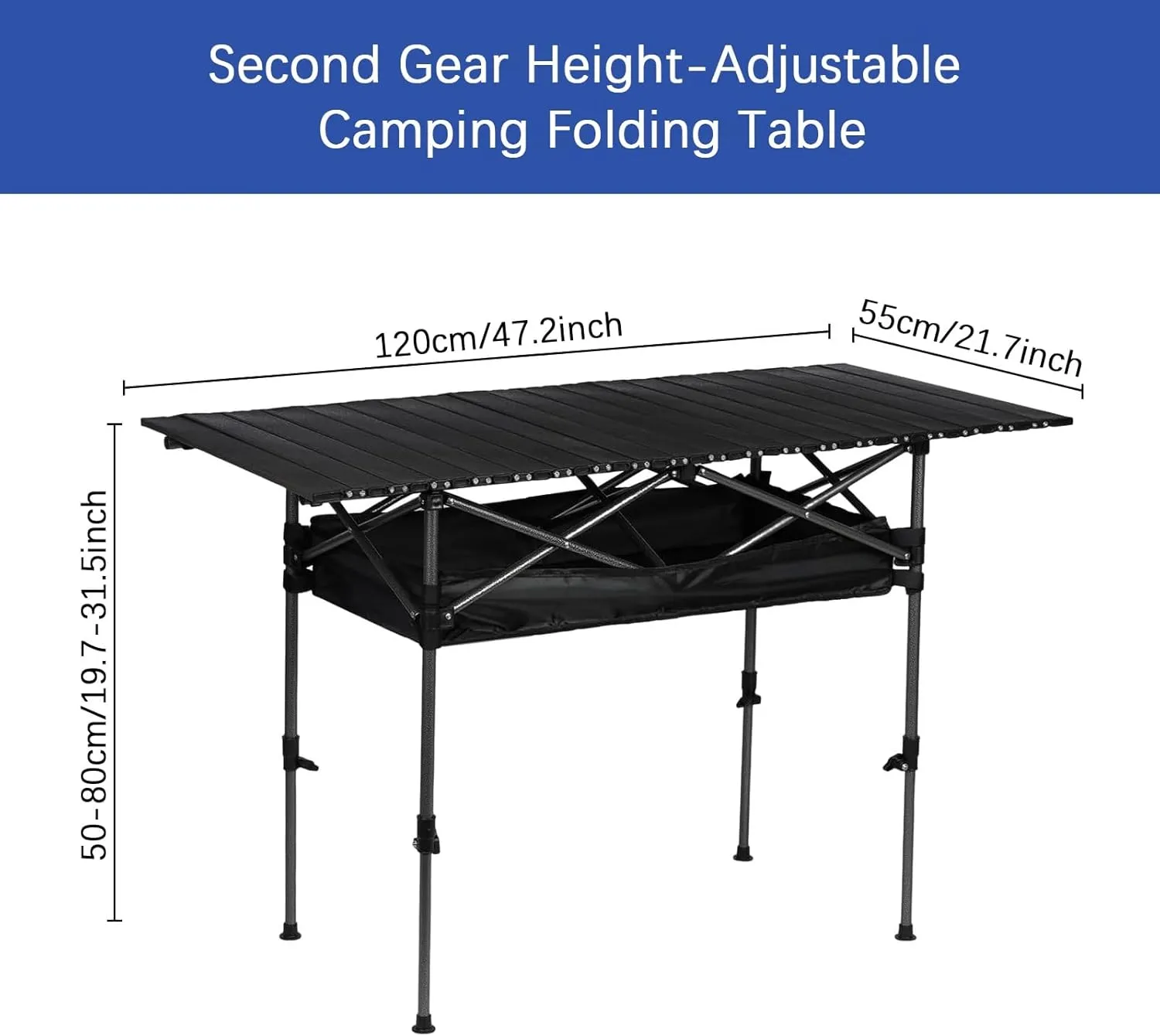 Portable Camping Table, Roll-up Folding Dining Table with Carrying Bag, Aluminum Picnic Camping Table Height Adjustable for Garden Outdoor BBQ Beach Backyard, 4FT, Black