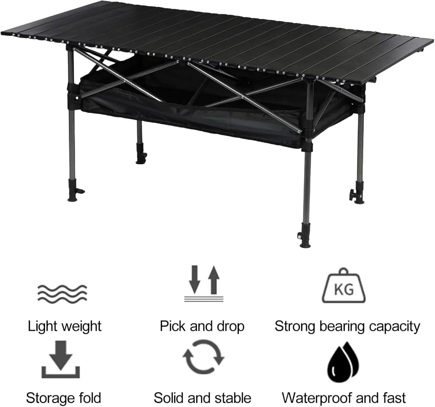 Portable Camping Table, Roll-up Folding Dining Table with Carrying Bag, Aluminum Picnic Camping Table Height Adjustable for Garden Outdoor BBQ Beach Backyard, 4FT, Black