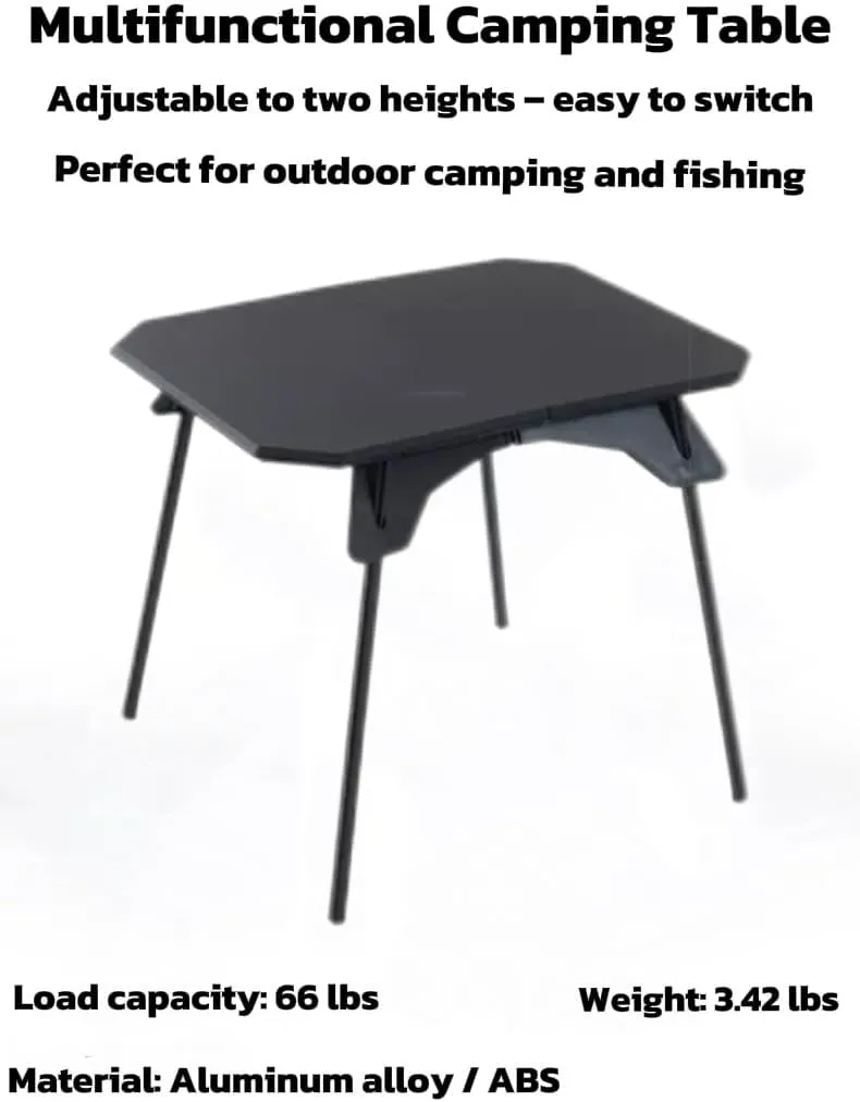 Portable Camping Table with 2 Adjustable Heights – Lightweight Aluminum Foldable Table for Outdoor Cooking, Picnic, BBQ, Patio, Kids (Black)