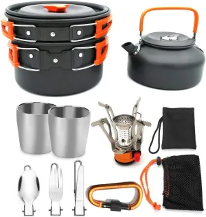 Portable Cookware Combination Outdoor Pot Set with Non Stick Pan and Pan Outdoor Picnic Cooker Pan Set with for Outdoor Camping Hiking Picnic (Color : Green) (Orange)