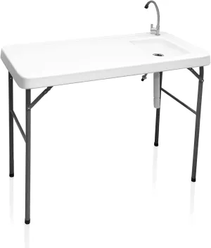 Portable Folding Camping Sink Table with Faucet and Fish Cleaning Table with Sink and Faucet, Heavy Duty Fillet Table with Hose Hook Up, for Dock Beach Patio Picnic