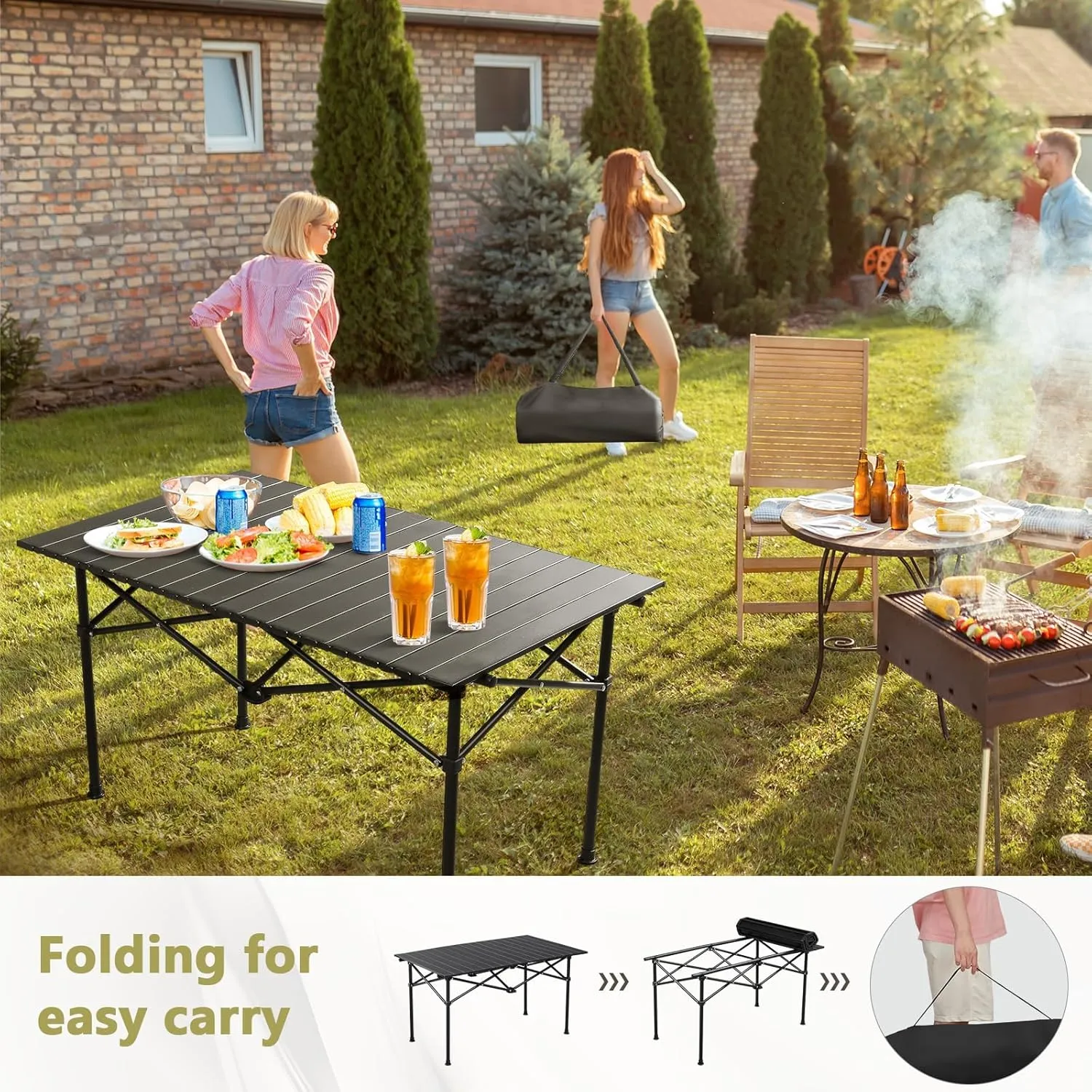 Portable Folding Camping Table, Roll-Up Aluminum Table with Carry Bag, Compact and Lightweight Design for Beach, Travel, and Outdoor Cooking Light Yellow 95×55×50cm/37×21×19.7in