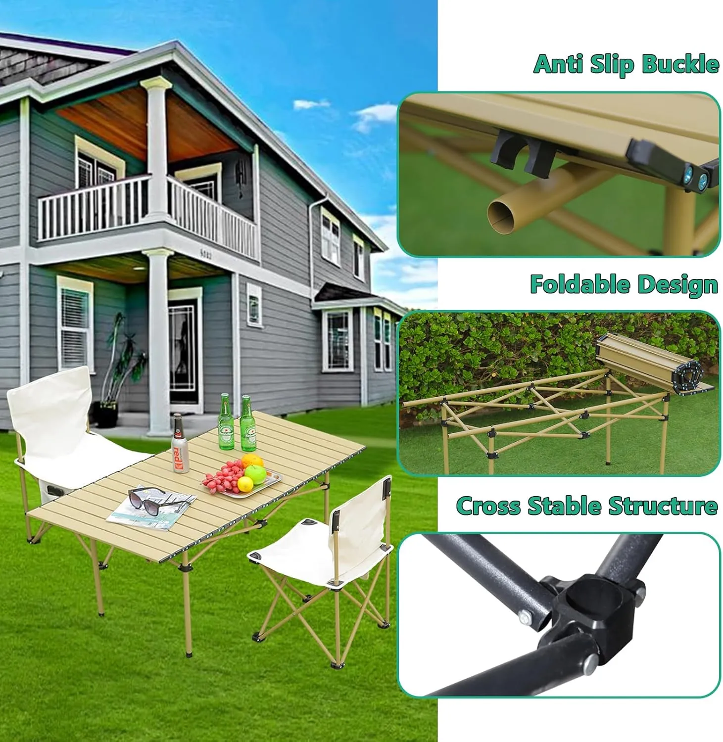 Portable Folding Camping Table, Roll-Up Aluminum Table with Carry Bag, Compact and Lightweight Design for Beach, Travel, and Outdoor Cooking Light Yellow 95×55×50cm/37×21×19.7in