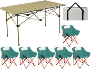 Portable Folding Table and Chairs, Carbon Steel Foldable Table Top Small Picnic Table Lightweight Oxford Cloth Camping Chair Set for Outdoor Garden, Black-120cm-7pcs