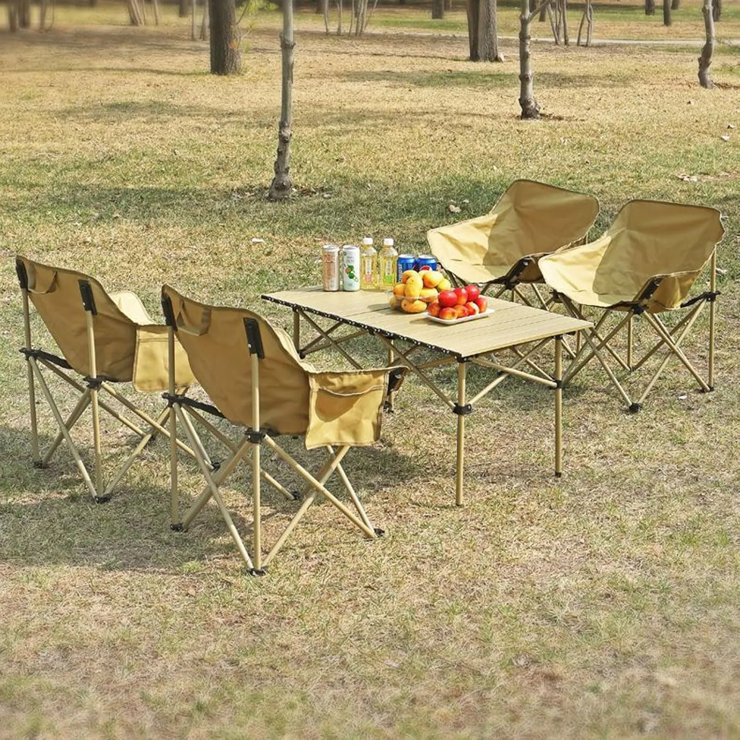 Portable Folding Table and Chairs, Carbon Steel Foldable Table Top Small Picnic Table Lightweight Oxford Cloth Camping Chair Set for Outdoor Garden, Black-120cm-7pcs