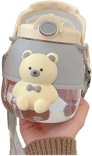 Portable Kettle Kawaii Teddy Bear Water Bottle with Silicone Straw and Strap Cute Water Cup Sports Outdoor Leakproof Water Bottle Water Bottle (Color : Blue, Size : 900ml)
