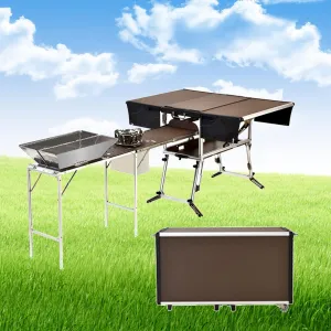 Portable Kitchen Camping Kitchen Table, Lightweight Folding Camping Grill Table with Bench and Stove for BBQ Backyard Picnic Outdoor Cooking Station, Package 4