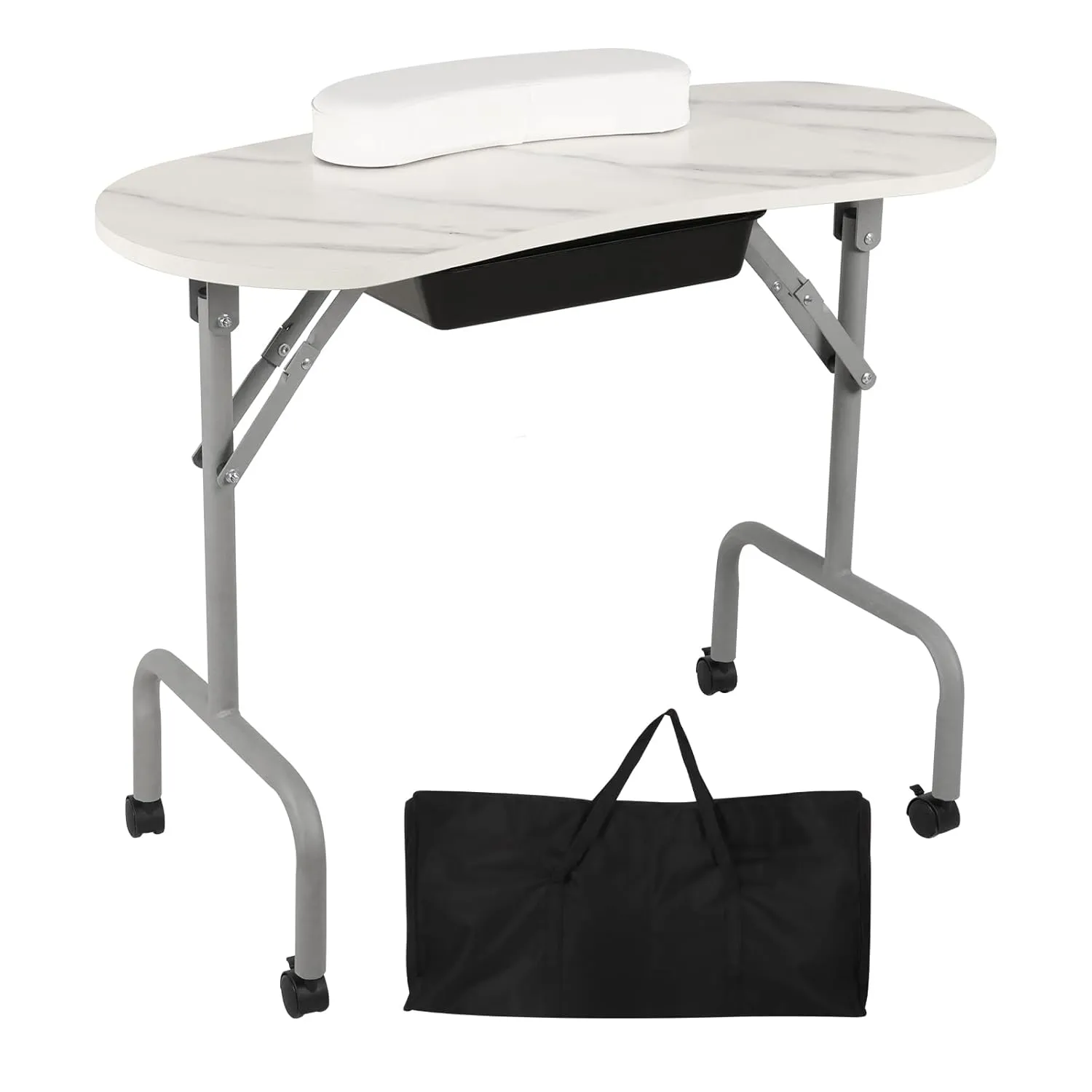 Portable Manicure Table Foldable Nail Desk with Large Drawer Nail Tech Table for Technician Salon Workstation Client Wrist Cushion/Carry Bag/4 Lockable Wheels, 36-inch, White Marble