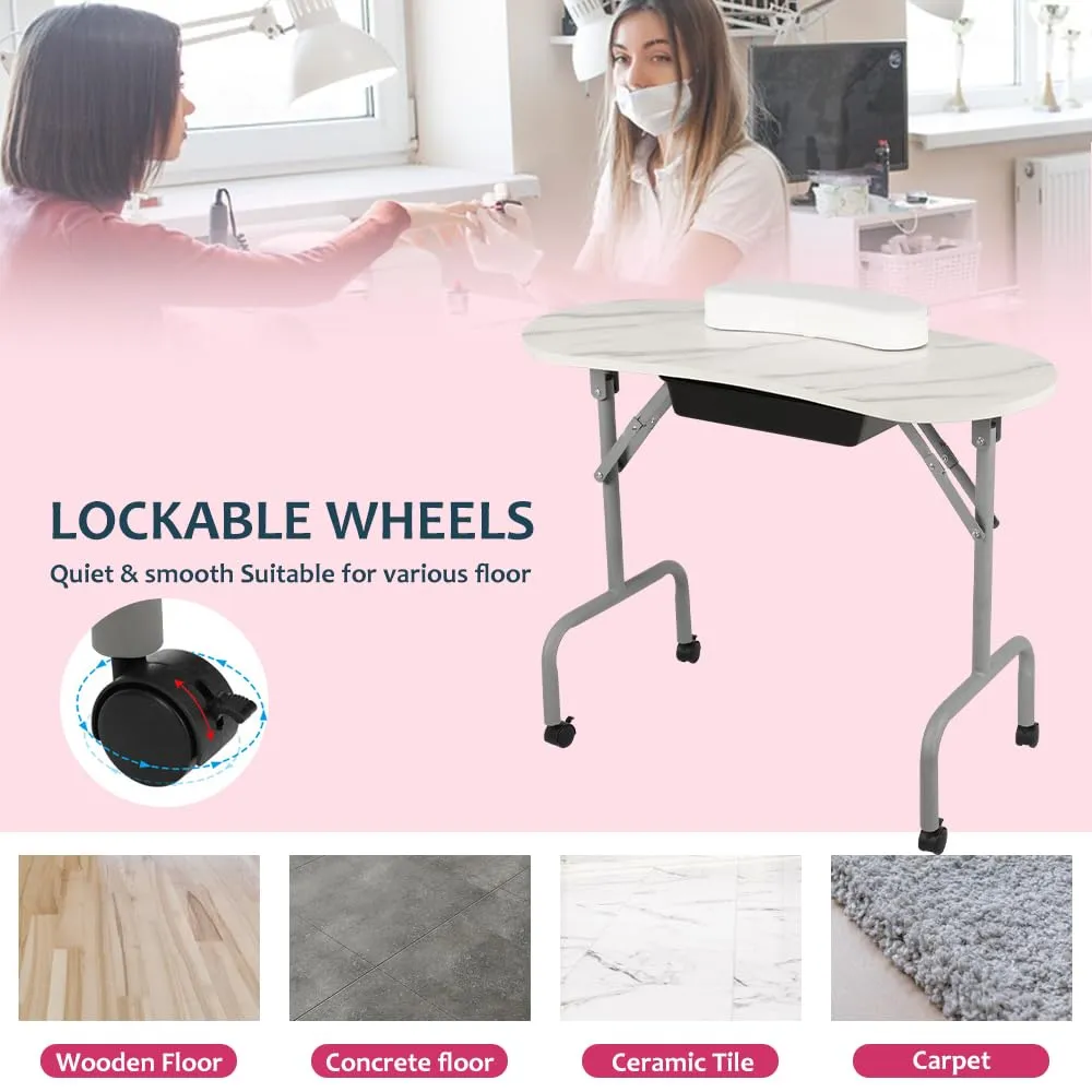 Portable Manicure Table Foldable Nail Desk with Large Drawer Nail Tech Table for Technician Salon Workstation Client Wrist Cushion/Carry Bag/4 Lockable Wheels, 36-inch, White Marble