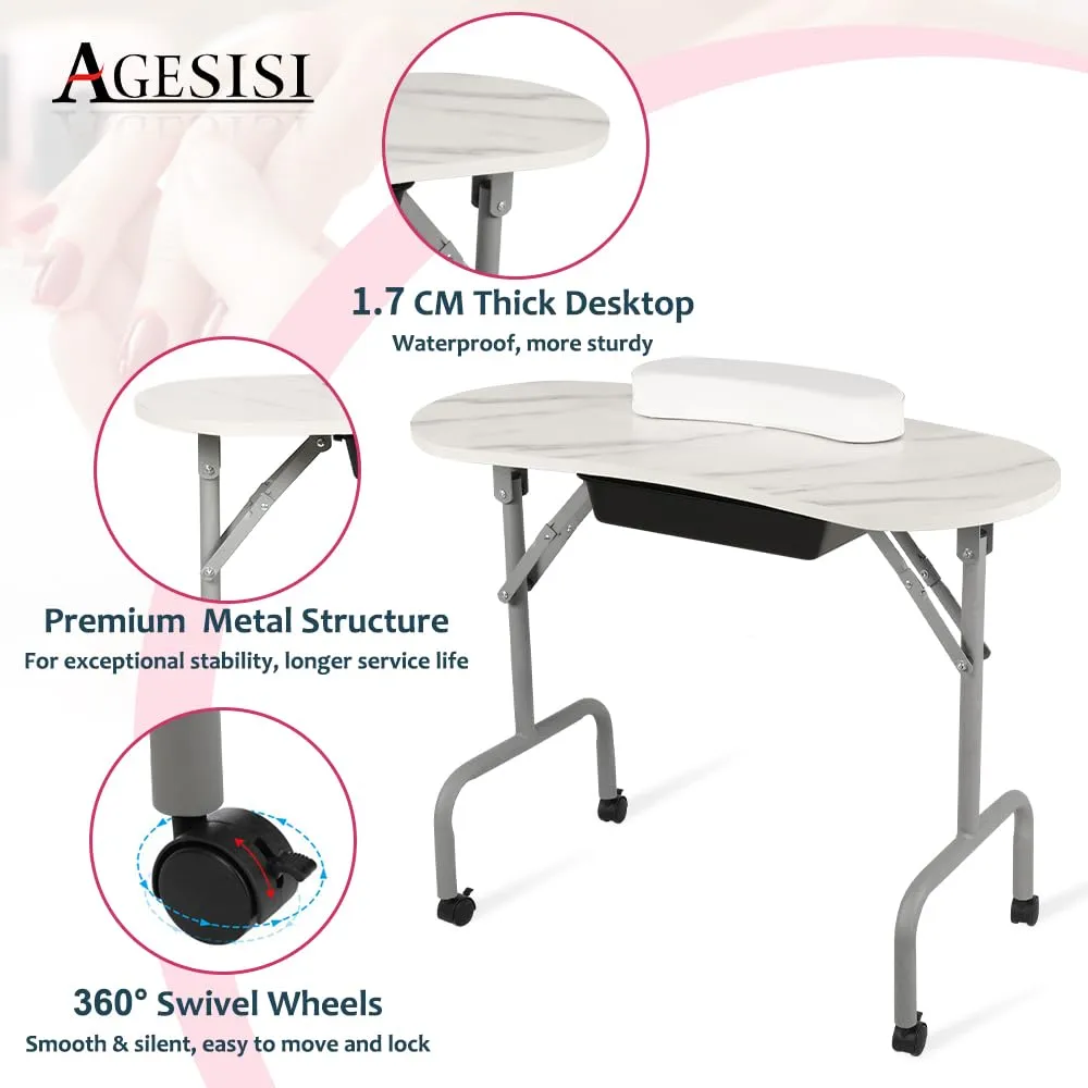 Portable Manicure Table Foldable Nail Desk with Large Drawer Nail Tech Table for Technician Salon Workstation Client Wrist Cushion/Carry Bag/4 Lockable Wheels, 36-inch, White Marble