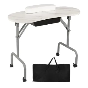 Portable Manicure Table Foldable Nail Desk with Large Drawer Nail Tech Table for Technician Salon Workstation Client Wrist Cushion/Carry Bag/4 Lockable Wheels, 36-inch, White Marble