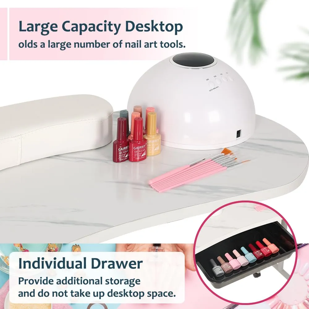 Portable Manicure Table Foldable Nail Desk with Large Drawer Nail Tech Table for Technician Salon Workstation Client Wrist Cushion/Carry Bag/4 Lockable Wheels, 36-inch, White Marble