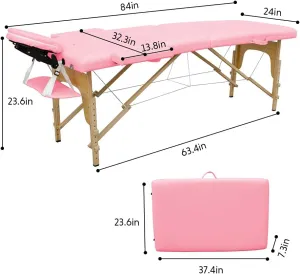 Portable Massage Bed, PVC Leather Massage Table, Massage Therapy Table with Beech Stands, Spa Bed 84in Adjustable 2 Fold Salon Beds, Face Cradle Beds with Carrying Case Pink