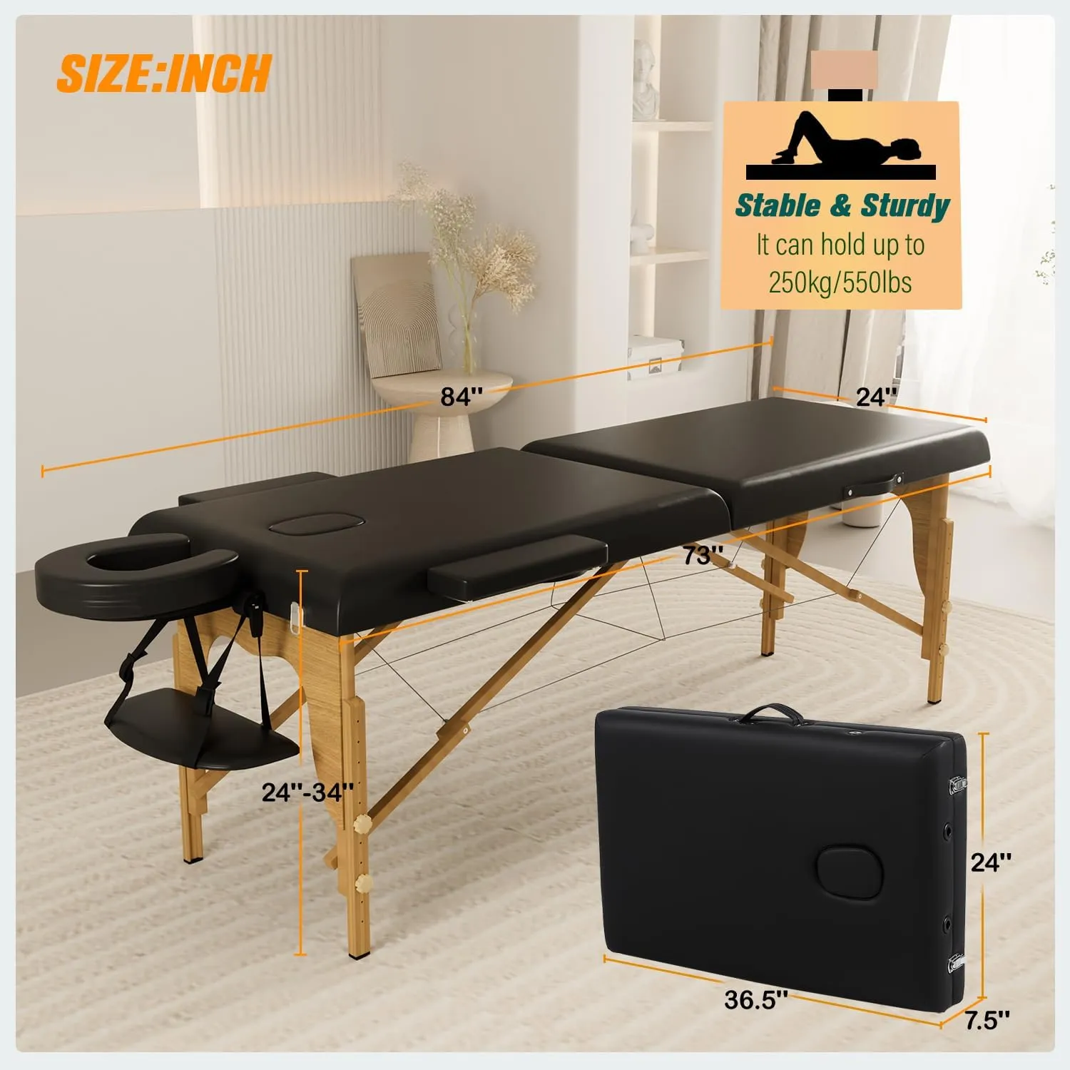 Portable Massage Table w/Neck Stretcher, 84 inch Sturdy Foldable Massage Bed Facial Bed Tattoo Table Adjustable Lash Bed Esthetician for Beauty Tattoo (Wood, Black)