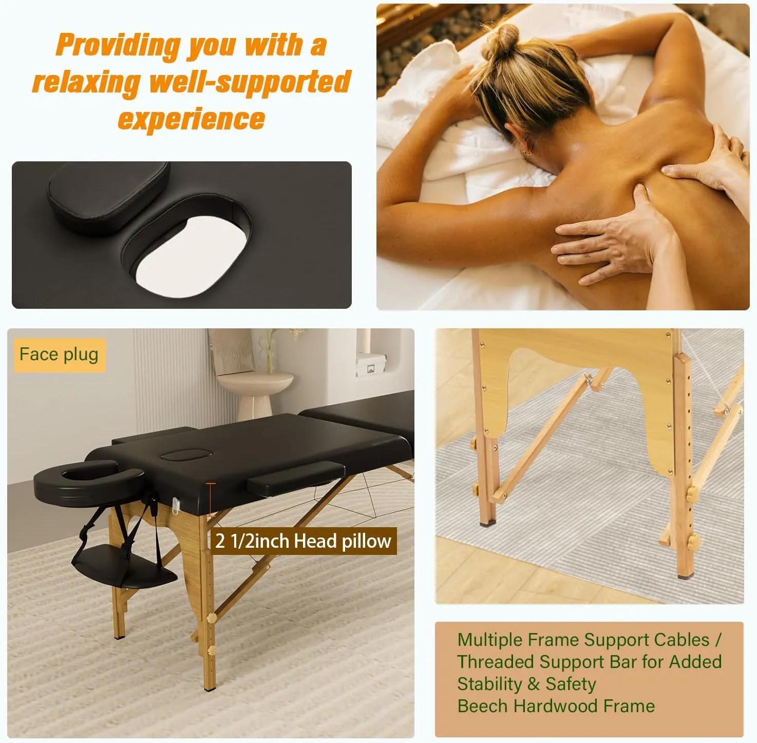 Portable Massage Table w/Neck Stretcher, 84 inch Sturdy Foldable Massage Bed Facial Bed Tattoo Table Adjustable Lash Bed Esthetician for Beauty Tattoo (Wood, Black)