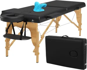 Portable Massage Table w/Neck Stretcher, 84 inch Sturdy Foldable Massage Bed Facial Bed Tattoo Table Adjustable Lash Bed Esthetician for Beauty Tattoo (Wood, Black)