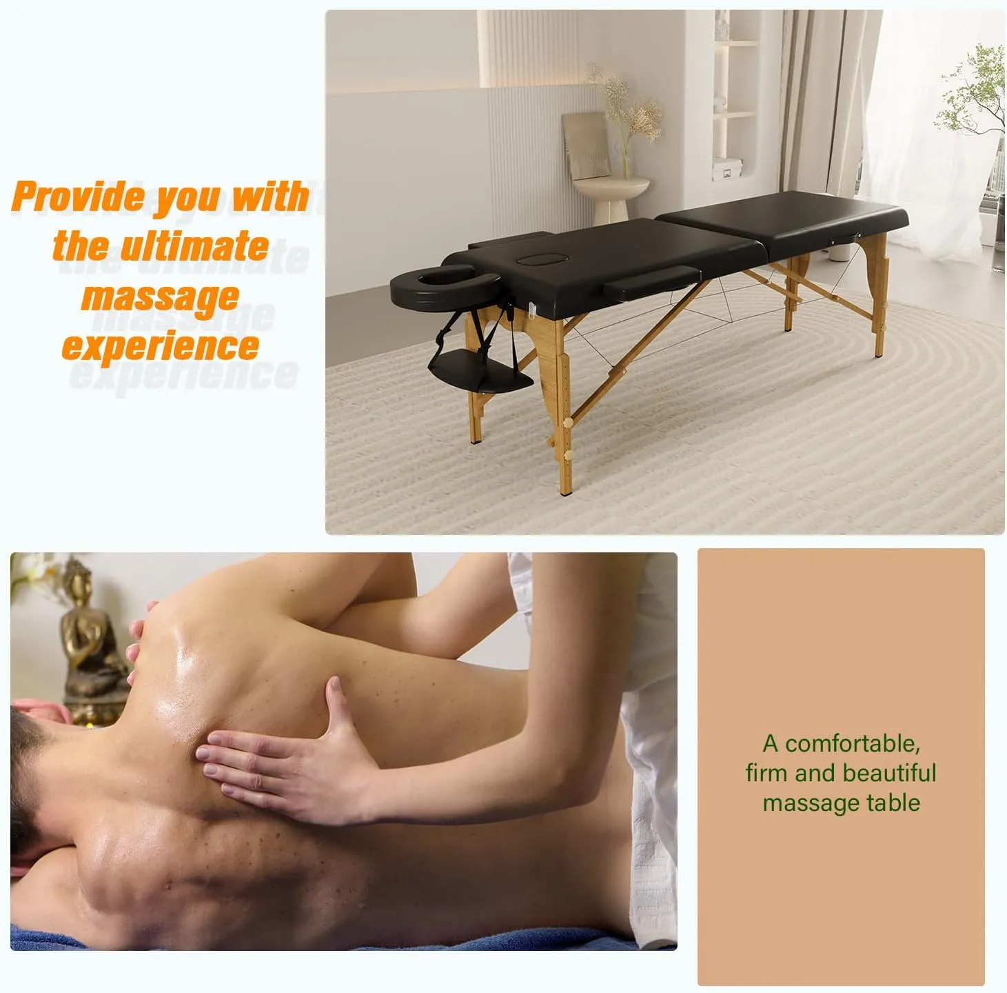 Portable Massage Table w/Neck Stretcher, 84 inch Sturdy Foldable Massage Bed Facial Bed Tattoo Table Adjustable Lash Bed Esthetician for Beauty Tattoo (Wood, Black)