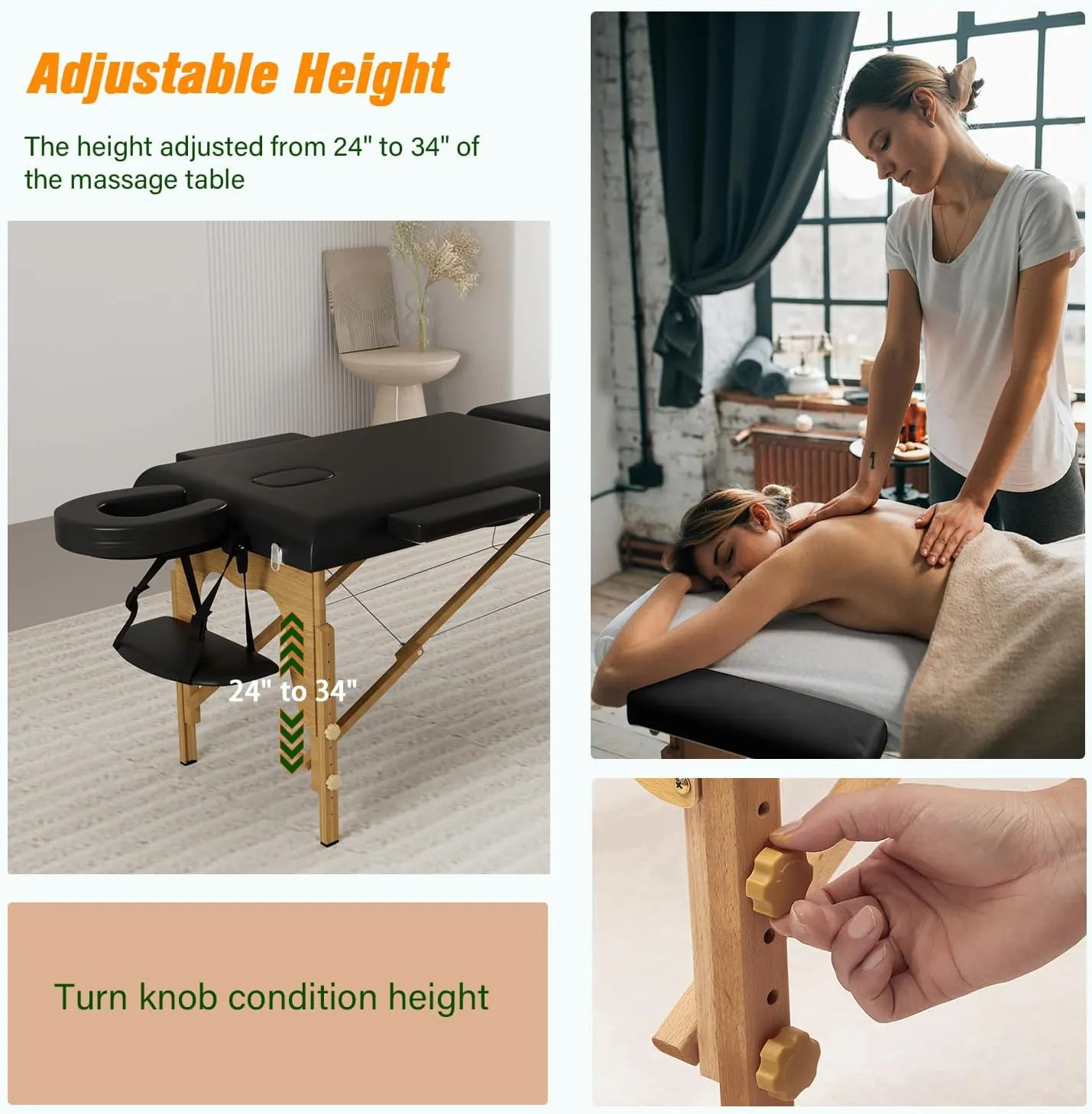 Portable Massage Table w/Neck Stretcher, 84 inch Sturdy Foldable Massage Bed Facial Bed Tattoo Table Adjustable Lash Bed Esthetician for Beauty Tattoo (Wood, Black)