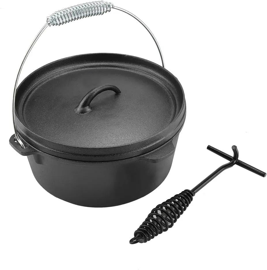 Portable NOn Stick Cast Iron Cookware Pan with Metal spring Handle Cast Iron Skillet, Campfire Cooking Equipment for Outdoor Cooking Camping BBQ