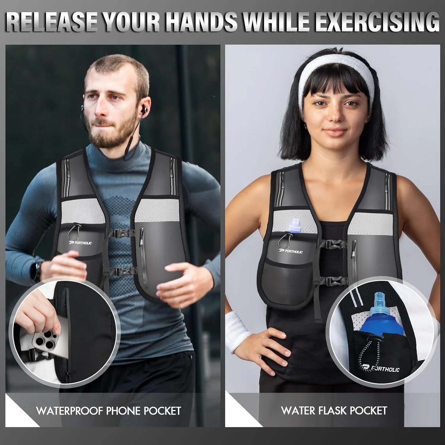 PORTHOLIC Running Vest for Women Men with 470ml/17oz Water Bottle |Adjustable Hydration Vest|Reflective |Lightweight |6 Pockets |Breathablefor Running Accessories for Hiking Running
