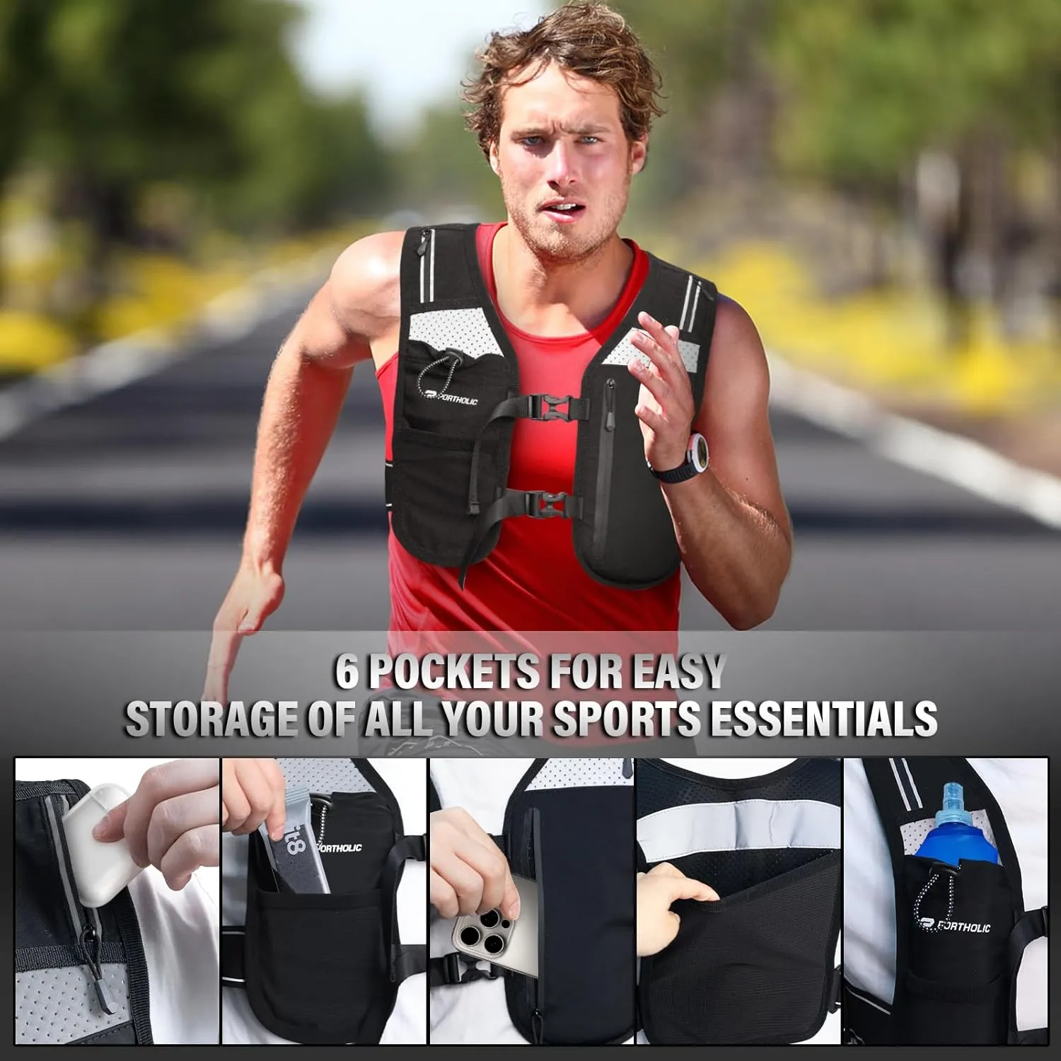 PORTHOLIC Running Vest for Women Men with 470ml/17oz Water Bottle |Adjustable Hydration Vest|Reflective |Lightweight |6 Pockets |Breathablefor Running Accessories for Hiking Running