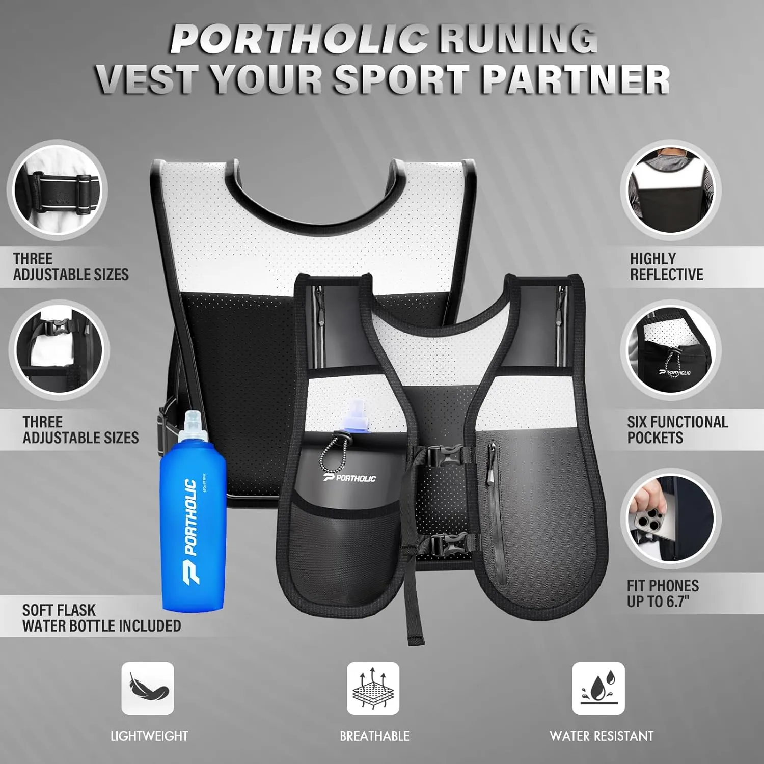 PORTHOLIC Running Vest for Women Men with 470ml/17oz Water Bottle |Adjustable Hydration Vest|Reflective |Lightweight |6 Pockets |Breathablefor Running Accessories for Hiking Running