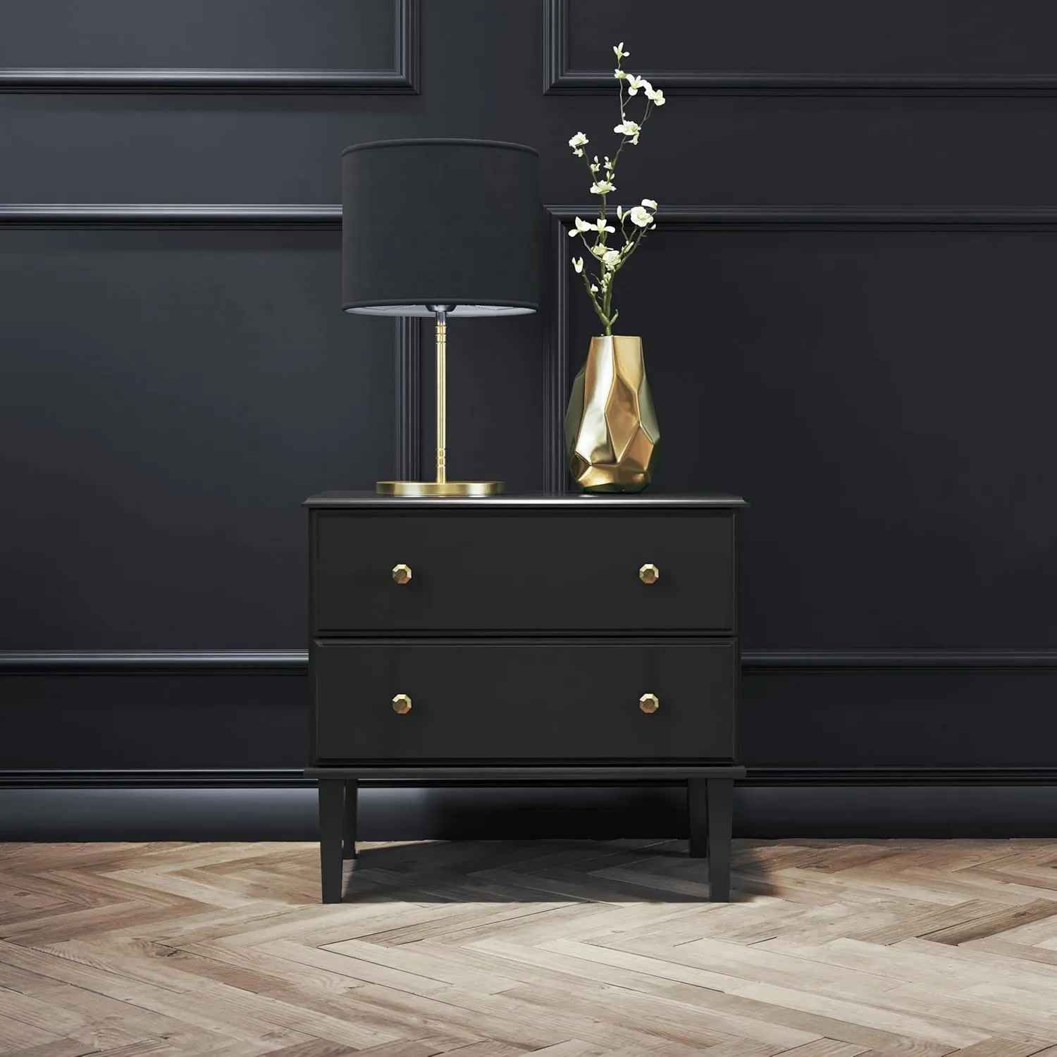 Prepac Lux Nightstand Bedside Table, Black Nightstand for Bedroom, End Table with 2 Drawers 16" D x 27.75" W x 25" H, BDNR-2302-1