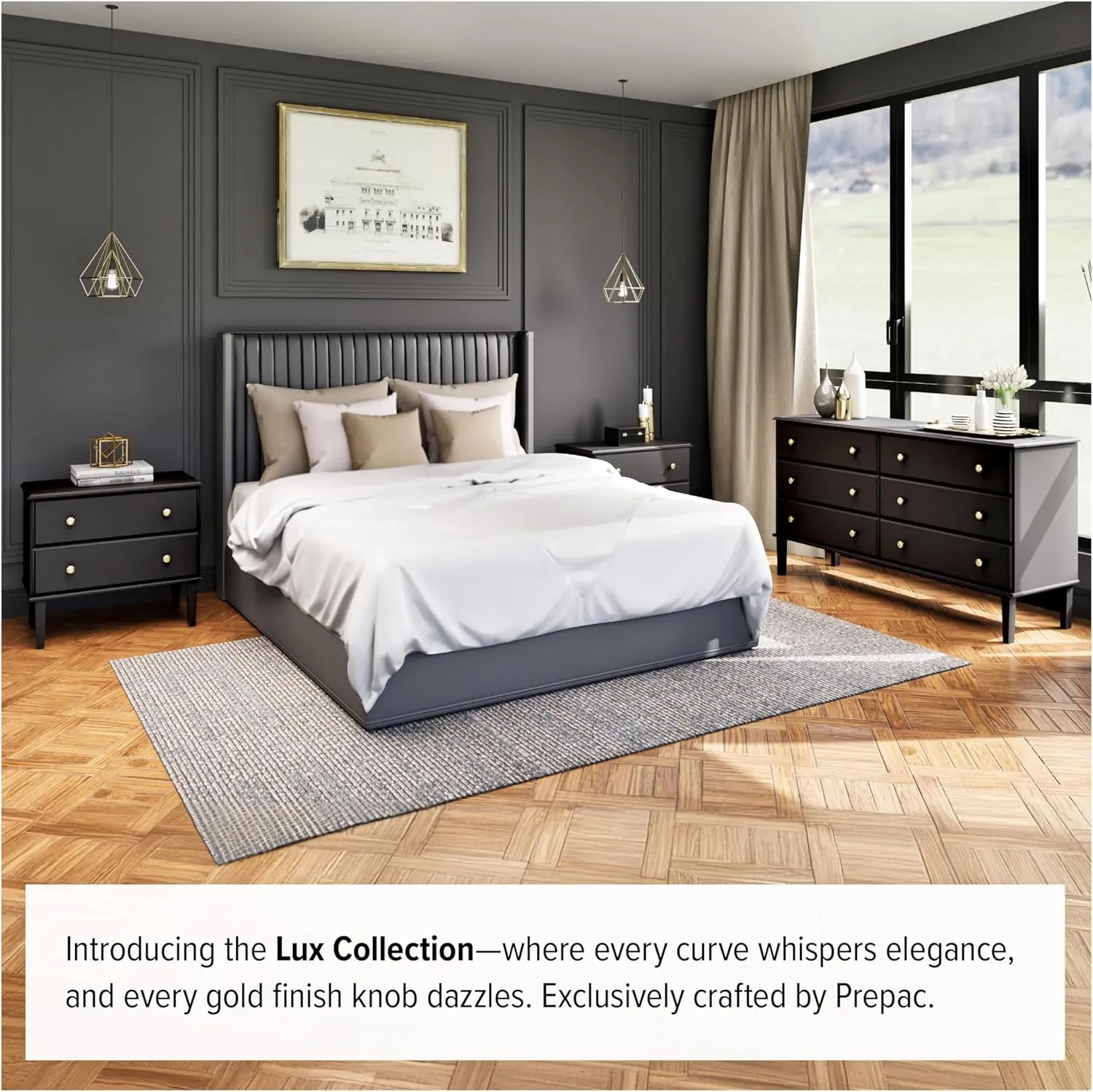 Prepac Lux Nightstand Bedside Table, Black Nightstand for Bedroom, End Table with 2 Drawers 16" D x 27.75" W x 25" H, BDNR-2302-1