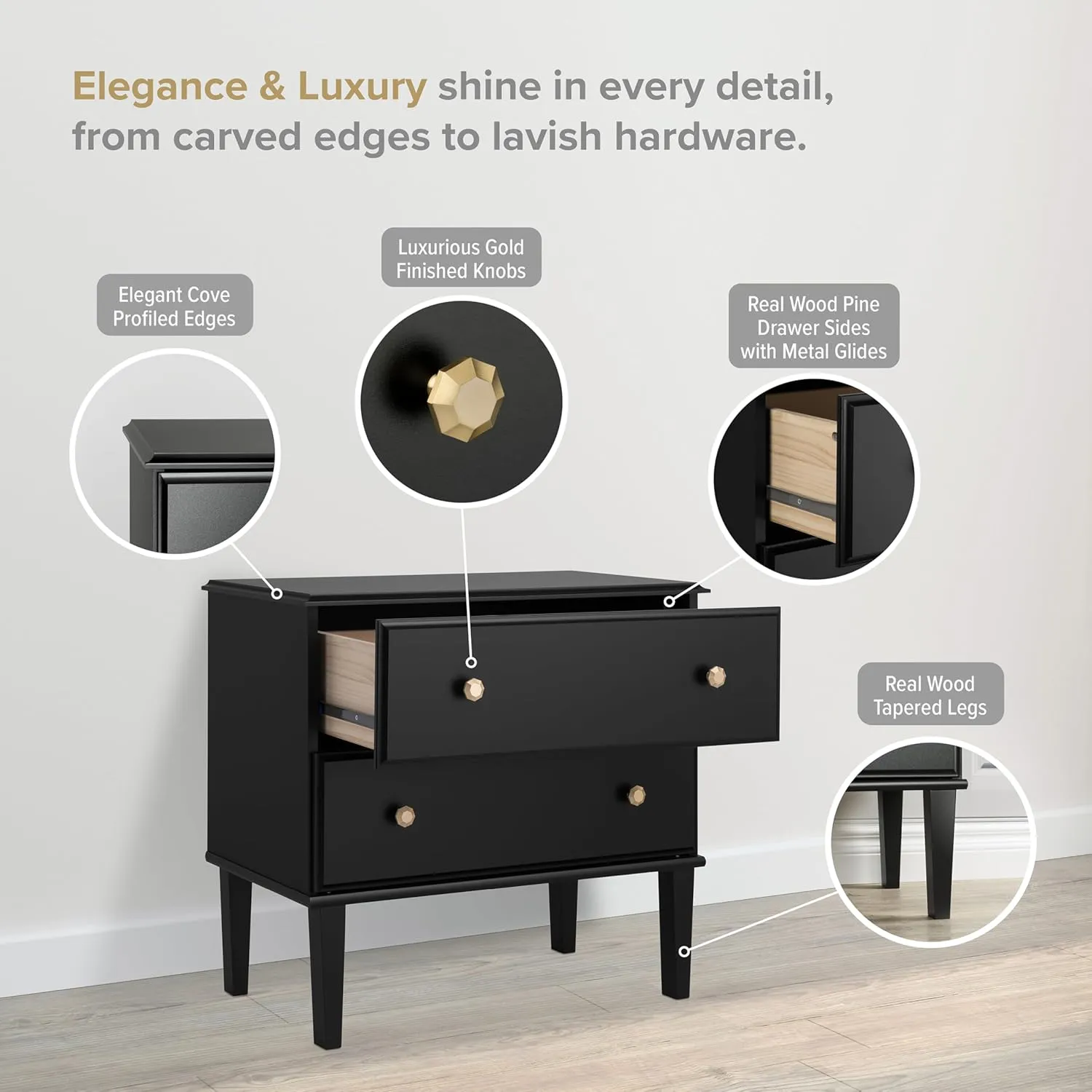 Prepac Lux Nightstand Bedside Table, Black Nightstand for Bedroom, End Table with 2 Drawers 16" D x 27.75" W x 25" H, BDNR-2302-1