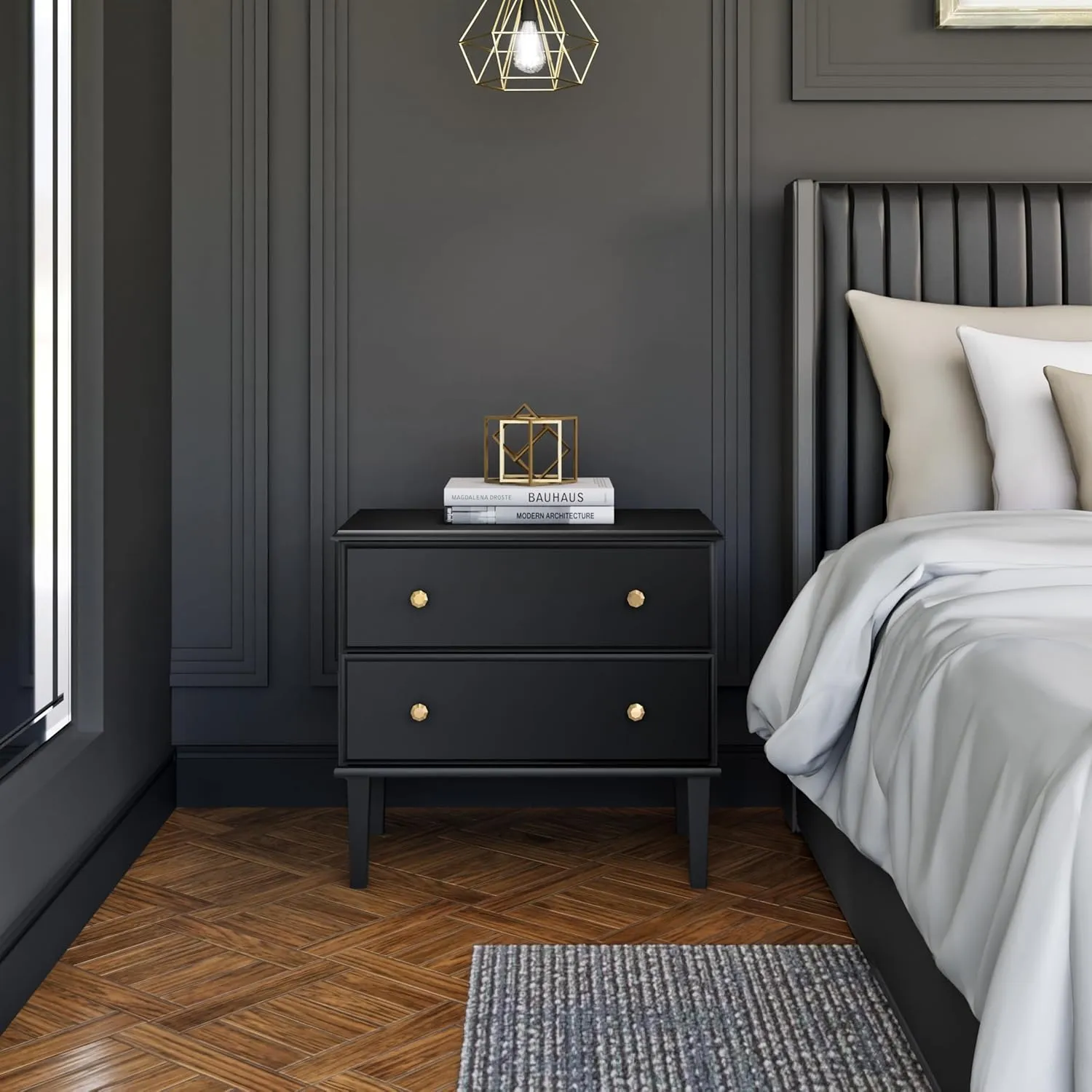 Prepac Lux Nightstand Bedside Table, Black Nightstand for Bedroom, End Table with 2 Drawers 16" D x 27.75" W x 25" H, BDNR-2302-1