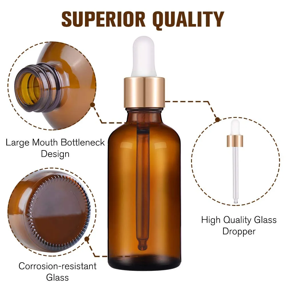 PrettyCare 1oz Glass Dropper Bottle 24 Pack Amber Glass Bottles Empty with 2 Funnels & 2 Long Pipettes, 30ml Eye Dropper Bottles for Essential Oils, Cuticle Oils, Body Oils, Tincture Bottles