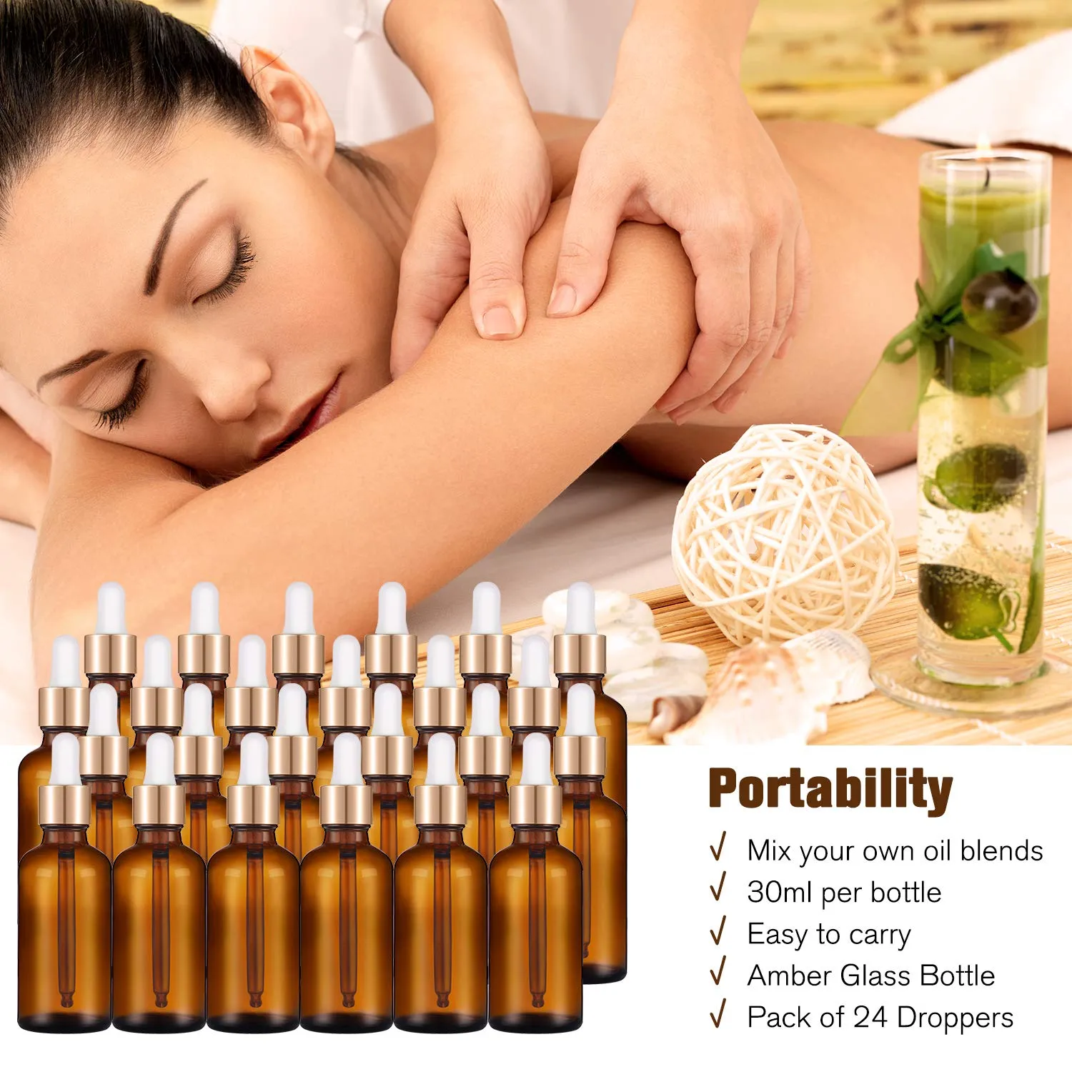 PrettyCare 1oz Glass Dropper Bottle 24 Pack Amber Glass Bottles Empty with 2 Funnels & 2 Long Pipettes, 30ml Eye Dropper Bottles for Essential Oils, Cuticle Oils, Body Oils, Tincture Bottles