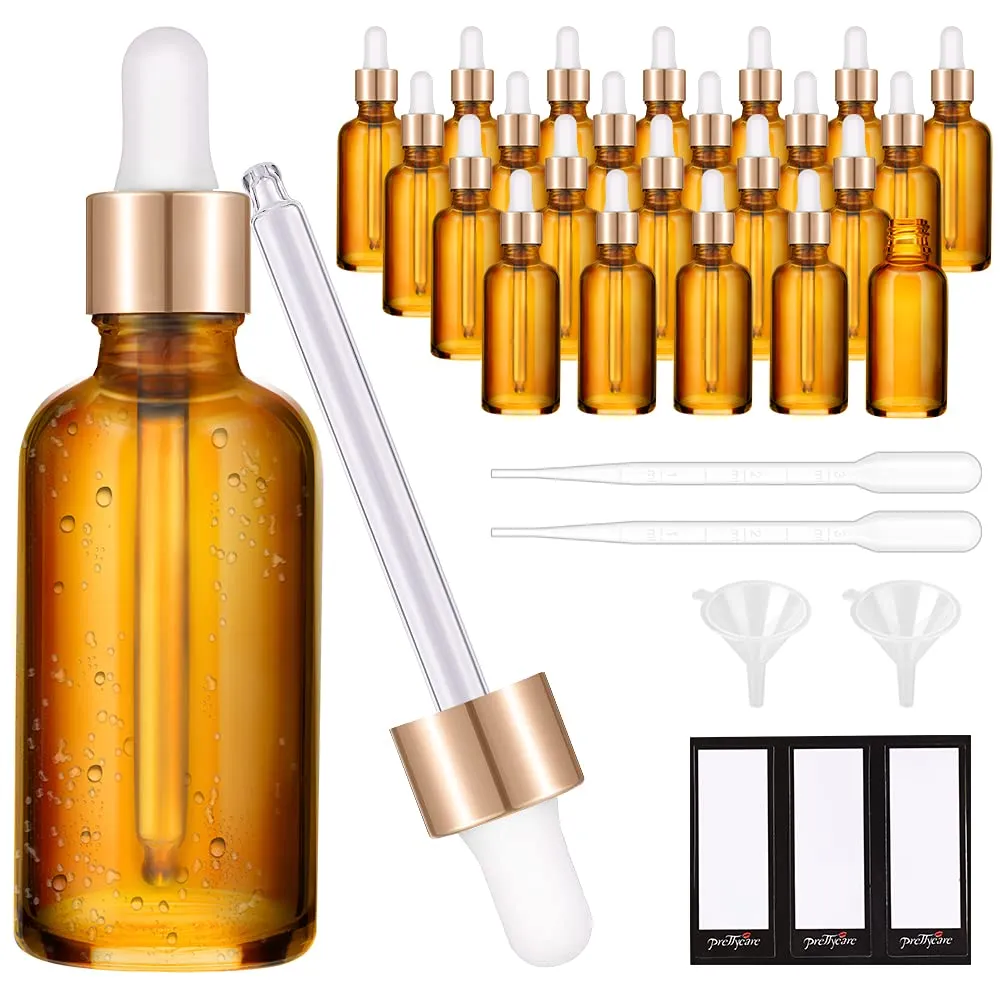 PrettyCare 1oz Glass Dropper Bottle 24 Pack Amber Glass Bottles Empty with 2 Funnels & 2 Long Pipettes, 30ml Eye Dropper Bottles for Essential Oils, Cuticle Oils, Body Oils, Tincture Bottles