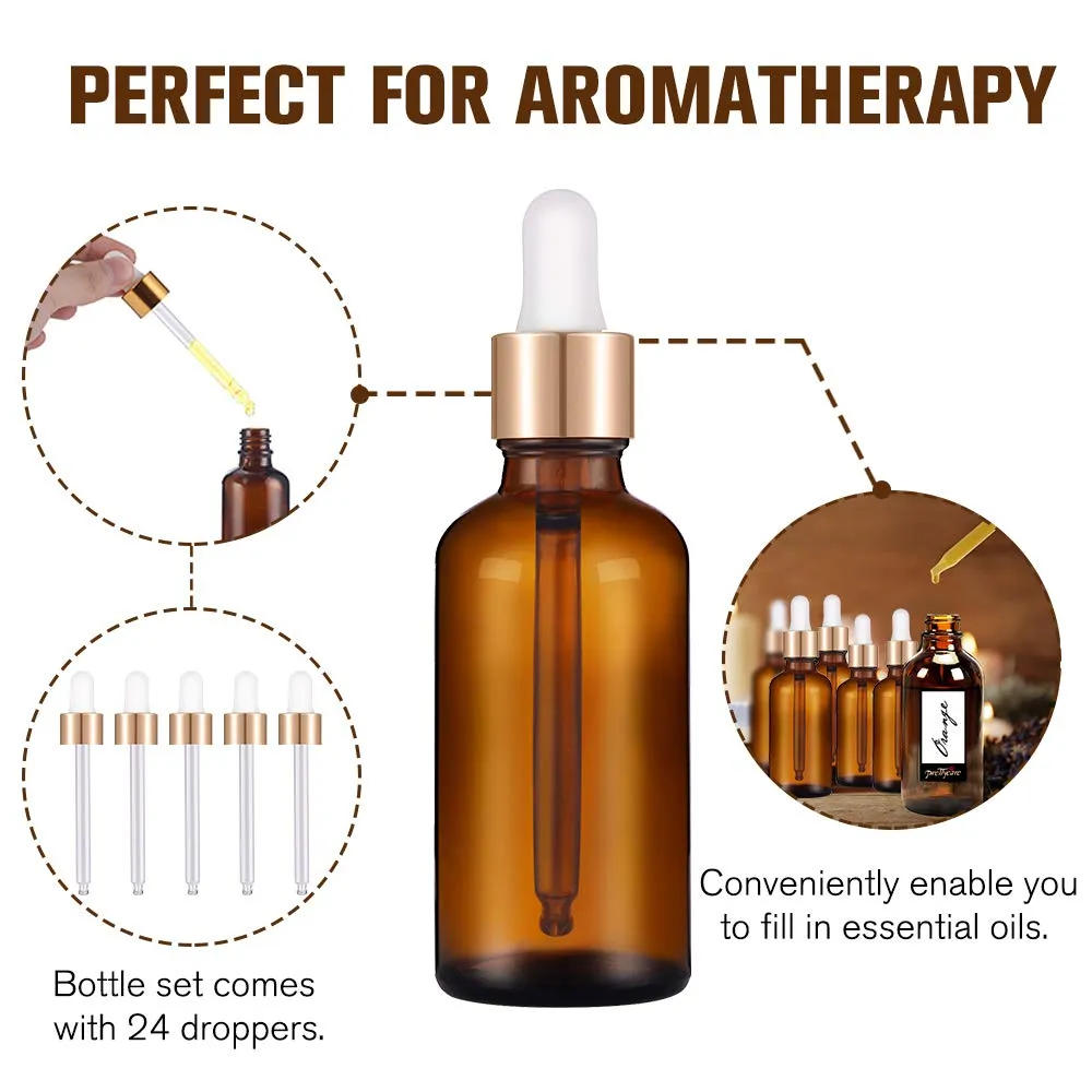 PrettyCare 1oz Glass Dropper Bottle 24 Pack Amber Glass Bottles Empty with 2 Funnels & 2 Long Pipettes, 30ml Eye Dropper Bottles for Essential Oils, Cuticle Oils, Body Oils, Tincture Bottles