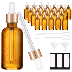 PrettyCare 1oz Glass Dropper Bottle 24 Pack Amber Glass Bottles Empty with 2 Funnels & 2 Long Pipettes, 30ml Eye Dropper Bottles for Essential Oils, Cuticle Oils, Body Oils, Tincture Bottles