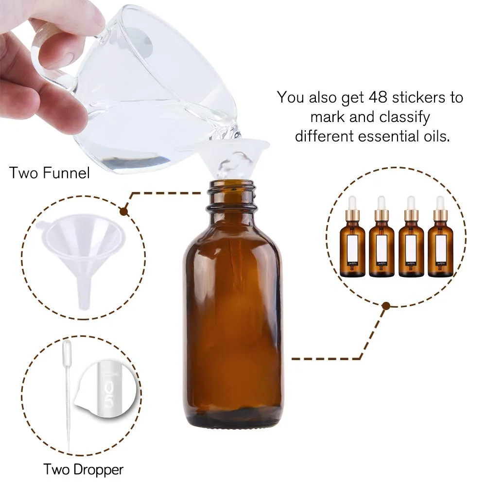 PrettyCare 1oz Glass Dropper Bottle 24 Pack Amber Glass Bottles Empty with 2 Funnels & 2 Long Pipettes, 30ml Eye Dropper Bottles for Essential Oils, Cuticle Oils, Body Oils, Tincture Bottles