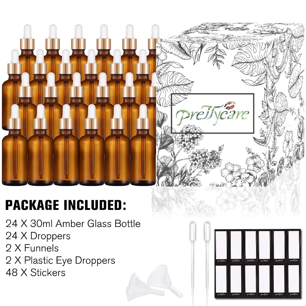 PrettyCare 1oz Glass Dropper Bottle 24 Pack Amber Glass Bottles Empty with 2 Funnels & 2 Long Pipettes, 30ml Eye Dropper Bottles for Essential Oils, Cuticle Oils, Body Oils, Tincture Bottles