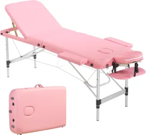 PrimeZone Portable Massage Table Lash Bed- 3 Folding Massage Bed, Height Adjustable Pink Tattoo Lash Table with Accessories, Professional Aluminum Spa Table for Eyelash, Facial, Therapy, 84" x 32"