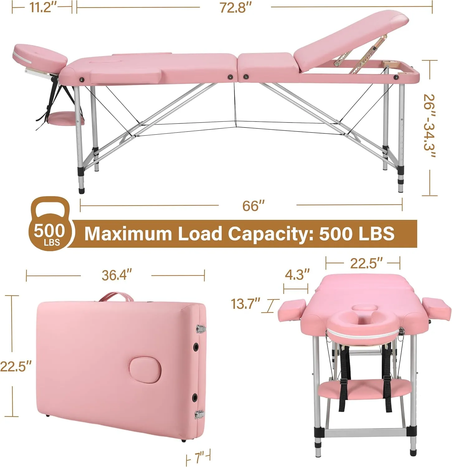 PrimeZone Portable Massage Table Lash Bed- 3 Folding Massage Bed, Height Adjustable Pink Tattoo Lash Table with Accessories, Professional Aluminum Spa Table for Eyelash, Facial, Therapy, 84" x 32"