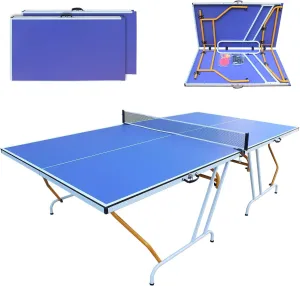 Professional Table Tennis Table, Foldable Ping Pong Game Set for Indoor, 8FT 9FT Single Player Playback Mode Ping Pong Table with Net and Post Set, 2 Paddles and 3 Balls (Blue & Yellow-9FT)