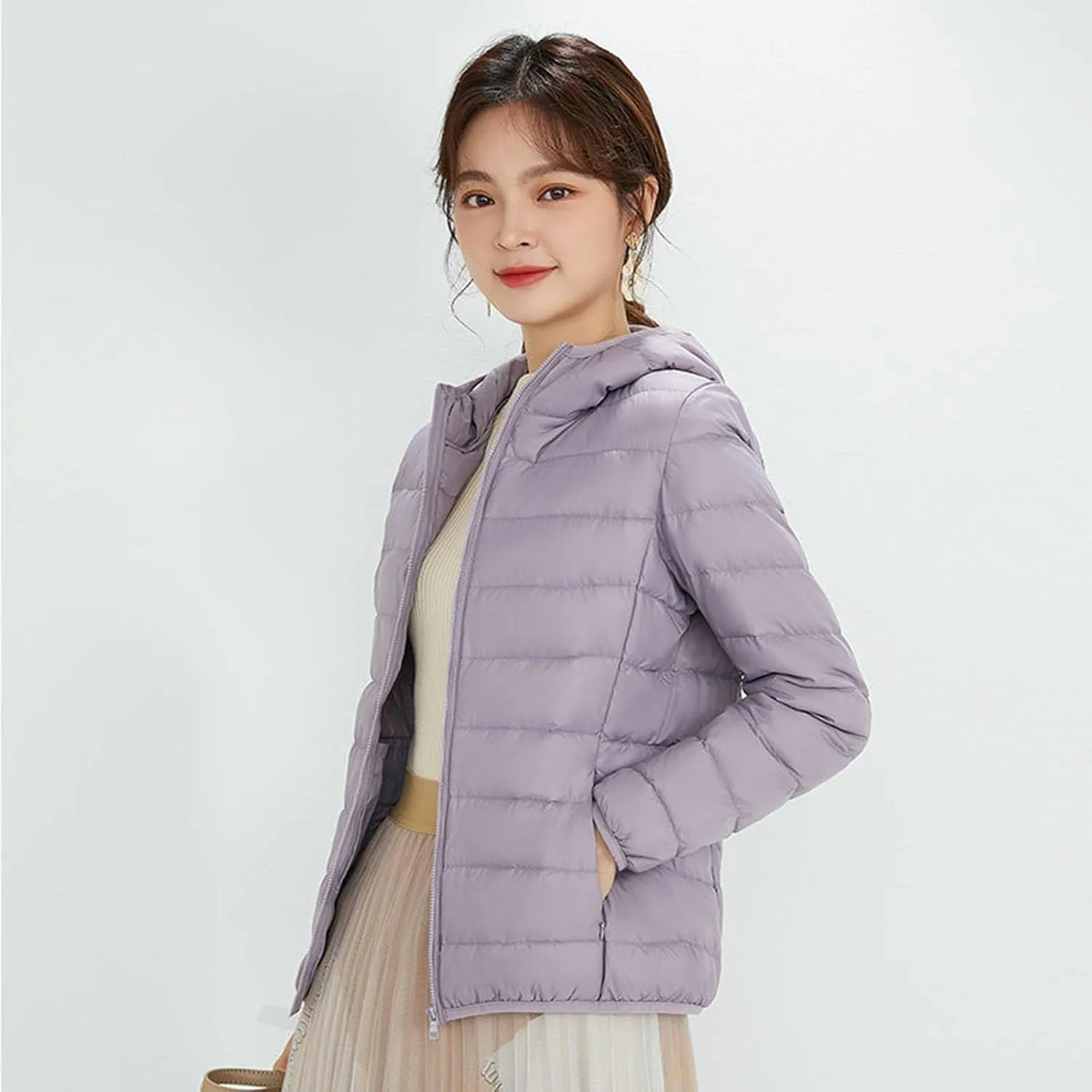Puffer Jacket Women Plus Size Feather Lightweight Down Jackets Packable Solid Color Puffer Coats With Storage Bag Winter